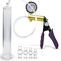 LeLuv Ultima Penis Pump - Purple Silicone Grips, Clear Hose + Protected Gauge, 4 Constriction Rings - 12