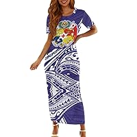 Women's Two Piece Outfits Polynesian Puletasi Samoan Tatau Print Short Sleeve Maxi Dress Sets
