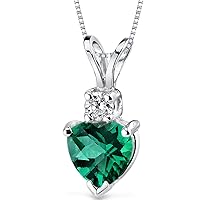 PEORA Created Emerald with Genuine Diamond Pendant for Women 14K White Gold, 0.82 Carat total Heart Shape Solitaire