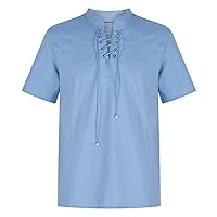 Men's Drawstring Linen Shirts Solid Short Sleeve Henley Shirt Summer Regular Fit Tee Tops Casual Beach T-Shirt Top