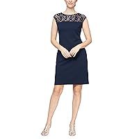 S.L. Fashions Women's Short Sequin Lace Illusion Neckline Cap Sleeve Sheath Dress