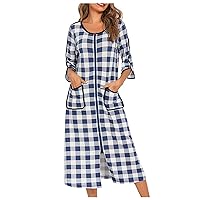 Women's 3/4 Sleeve Plaid Nightgown Calf Length Sleep Dress Zipper Front Robe Sleepwear Loose Comfy Nightshirt with Pockets