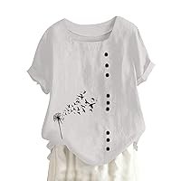 Summer Short Sleeve Linen Shirts Trendy Plus Size Square Neck Tops Casual Button Down Blouses Floral Cute T Shirts