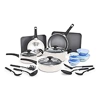 Nonstick Cookware Set with Glass Lids - Aluminum Bakeware, Pots and Pans, Storage Bowls & Utensils, Compatible with All Stovetops, 21 Piece, White