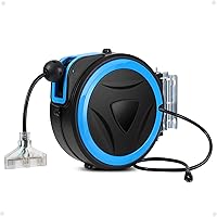 Retractable Extension Cord Reel, 40 FT Heavy Duty Power Cord, 12 AWG/3C SJTOW, 3-Lighted Triple Outlets, 15A Circuit Breaker, Wall/Ceiling Mounted, Adjustable Stopper UL Certified, Blue