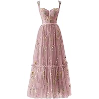 Women's Flower Embroidery Tulle Prom Dresses Corset Long Spaghetti Strap Fairy Ruched Formal Evening Party Gown