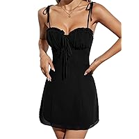 Dresses for Women - Tie Shoulder Knot Front Ruched Bust Frill Trim Cami Dress