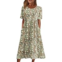 Wedding Short Sleeve Plus Size Dress Womens Lounges Spring Cosy Ruffle Tunic Dress for Womens Crewneck Printed Beige M