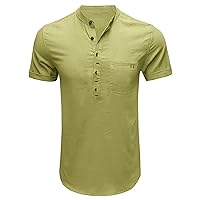 Men's Fashion Casual Cotton Linen T-Shirt Plain Pocket Beach Short Sleeve Hippie Stand Collar Tee Top