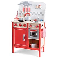 New Classic Toys Red Wooden Pretend Play Toy Kitchen for Kids with Role Play Bon Appetit Included Accesoires 550 x 300 x 890mm
