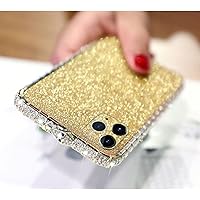 for iPhone 13 Pro Max Bling Glitter Case for Women Cute Diamond Rhinestone with Shiny Sparkly Sticker Skin Plating Metal Bumper Frame Edge Protective Cover Girly Fashion Luxury Case Gold