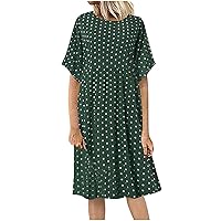 Women Loose T Shirt Dress Summer Dot Print Midi Dress Short Sleeve Crew Neck Knee Length Sundress Flowy Flattering Dresses