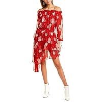 The Kooples Women's Women's Floral Print Off The Shoulder Dress with Assymetrical Hem Dress, red, 2