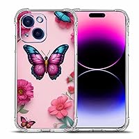 Case for iPhone 15 Plus,Pink Butterfly Flowers Pink Drop Protection Shockproof Case TPU Full Body Protective Scratch-Resistant Cover for iPhone 15 Plus