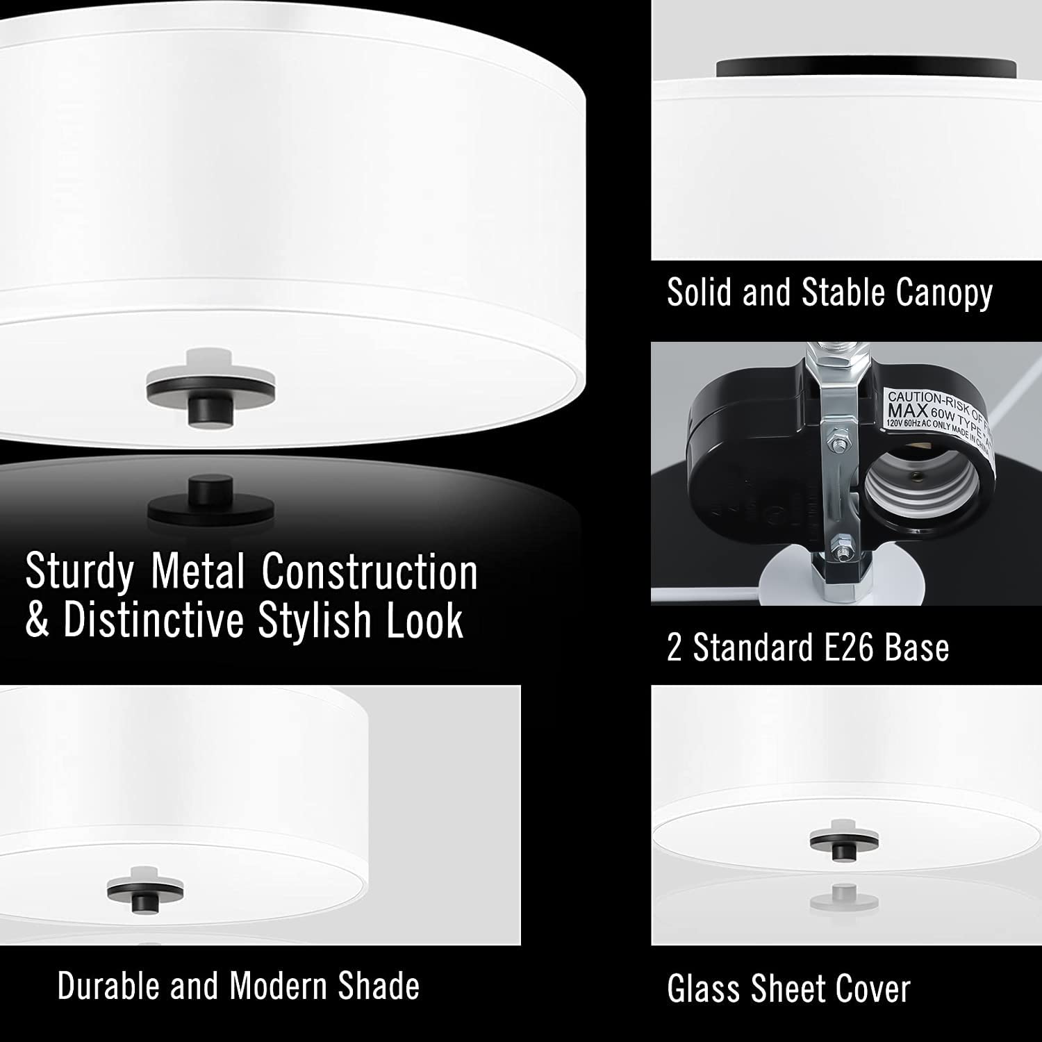 Lodstob 2-Light Flush Mount Ceiling Light Fixture, 12” Modern Close to Ceiling Light with White Fabric Linen Drum Shade, Round Ceiling Light for Bedroom Hallway Living Room Bathroom Dining Kitchen