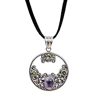 NOVICA Handmade Peridot Amethyst Floral Necklace .925 Sterling Silver Bali Jewelry Green Purple Pendant Cord Indonesia Mauve Mist Birthstone Moon