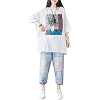 Flygo Women's Casual Baggy Round Collar Cotton Blouses Top Raw Edge Hand Painted
