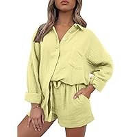 AUTOMET 2 Piece Outfits For Women Lounge Sets Pajama Sets Long Sleeve Button Down Oversized Shirts And Shorts Fall Tracksuit