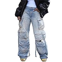 Women's Y2K Fashion Distressed Ripped Wide Leg Cargo Jeans Multi Pocket Denim Pants