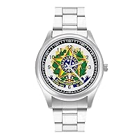 Coat of Arms of Brazil Fashion Wrist Watch Arabic Numerals Stainless Steel Quartz Watch Easy to Read
