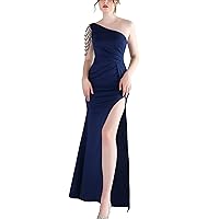 Azuki Women's Ruched Maxi Dress Summer One Shoulder Cocktail Dress with Beaded Tassels Sleeve