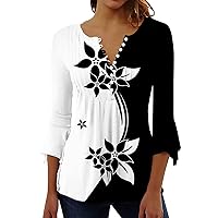 Women's Casual Floral Print Pleated A Line Tunic Tops Button Up V Neck 3/4 Sleeve Summer T Shirts Tops Loose Blouses