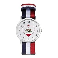 California Flag Heart Women's Watch with Braided Band Classic Quartz Strap Watch Fashion Wrist Watch for Men