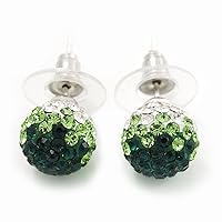 Emerald Green/Grass Green/Clear Diamante Ball Stud Earrings In Silver Plated Finish -10mm Diameter