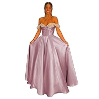 Off Shoulder Corset Satin Prom Dresses Long Ball Gowns Beaded Wedding Dress for Women Formal Evening Dress with Pockets
