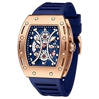 Watches for Men Luxury Skeleton Tonneau Watch for Men Waterproof Adjustable Silicone Strap Steampunk Style Chronograph Calendar Date Business Luminous Cool Large Square Face Wristwatch