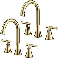 Bathroom Faucets for Sink 3 Hole, Hurran Brushed Gold Bathroom Sink Faucet with Pop-up Drain and Supply Lines, Stainless Steel Lead-Free Widespread Faucet for Bathroom Sink Vanity RV, 2 Pack