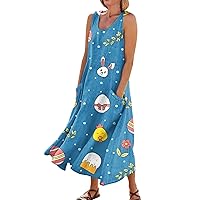 Women's Flowy Cotton Linen Dress Summer Beach Casual Loose Sleeveless Crewneck Baggy Long Dress with Pockets