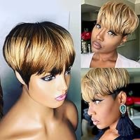 Short Bob Wig Human Hair with Ombre 4-27 Color for Black Women - Full Machine Made, Non-Lace, Layered Style, Short Wavy Pixie Cut Wig