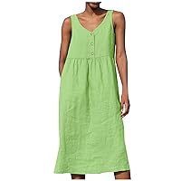 Women’s Cotton Linen Sleeveless V Neck Midi Summer Dresses Casual Loose Tank Dress Solid Pleated Beach Sundresses