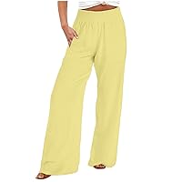 Women Cotton Linen Palazzo Pants Summer Boho Smocked High Waisted Wide Leg Pants Lounge Beach Trousers with Pockets