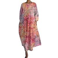 Dresses for Women 2024 Spring Summer 3/4 Length Sleeve Crewneck Printed Dress with Pockets Vintage Pleated Party Dresses Dresses for Women 2024 Elegant (A3-Pink,Medium)