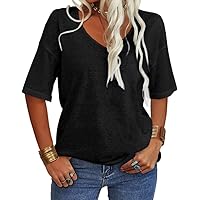Grlasen Womens Summer Tops Fashion V Neck Half Sleeve Oversized T Shirts Elbow Length Tee Shirts Casual Tops Loose Fit
