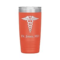 Personalized MD Tumbler With Name - Doctor Gift - 20oz Insulated Engraved Stainless Steel MD Cup Coral