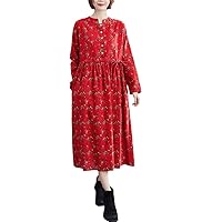 Spring Autumn Long Sleeve Vintage Floral Print Dresses for Women Cotton Linen Casual Dress Robe Femme Clothing