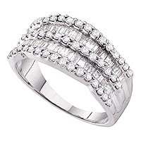 The Diamond Deal 14kt White Gold Womens Round Baguette Diamond Striped Cocktail Band Ring 1.00 Cttw