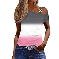 Asymmetrical Tops for Women Summer Short Sleeve Off The Shoulder Shirts Metal Buttons Blouses Solid Color Graphic Tees