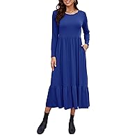 Auhoot Long Sleeve Fall Dresses for Women 2023 Round Neck Tshirt Dress Casual Flowy Ruffle Tiered Maxi Dress with Pockets
