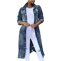 Long Denim Coats for Women Classic Loose Long Sleeve Jean Jacket Casual Button Down Trench Coat Trendy Outerwear