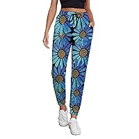 Blue Watercolor Flowers Women's Sweatpants Athletic Joggers Casual Lounge Pants with Pockets for Yoga Workout Running