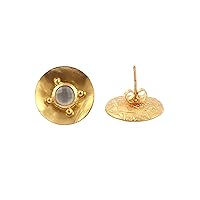 Round Shape Natural White Moonstone Earring Gemstone Brass Gold Plated Push Back Stud Earrings Natural Solid Gift Jewelry By EL JOYERO.