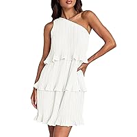Women's 2024 Summer Sleeveless Mini Dress Boho One Shoulder Ruffle Tiered Layered Chiffon Flowy A Line Dresses White