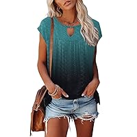 Womens Summer Tops 2023 Casual Dressy Short Cap Sleeve Shirts Pleated Fashion Floral Print Chic Hollow Loose Fit Cute Tops