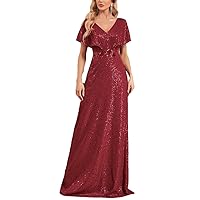 Sequins Red V-Neck Formal Evening Dress Women Short Sleeves Wedding Party Dress Long Cocktail Gowns