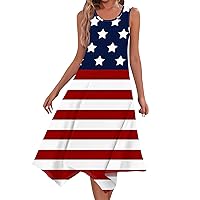 American Flag Star Colorblock Ruffled Midi Dress Women 4th of July Patriotic Dresses Casual Tank Handkerchief Dress
