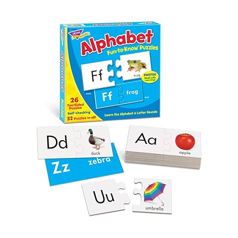 TREND ENTERPRISES: Fun-to-Know Puzzles: Alphabet, Learn the Alphabet & Letter Sounds, 26 Two-sided Puzzles, Self-Checking, 52 Puzzles Total, For Ages 3 and Up